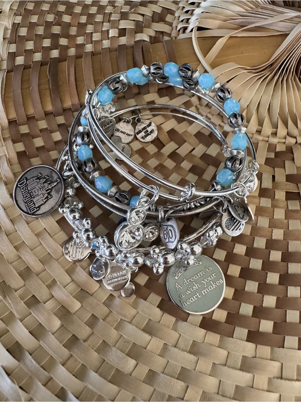 Alex and Ani Disney Charm Bracelet Stack Silver Blue Beaded Bangles